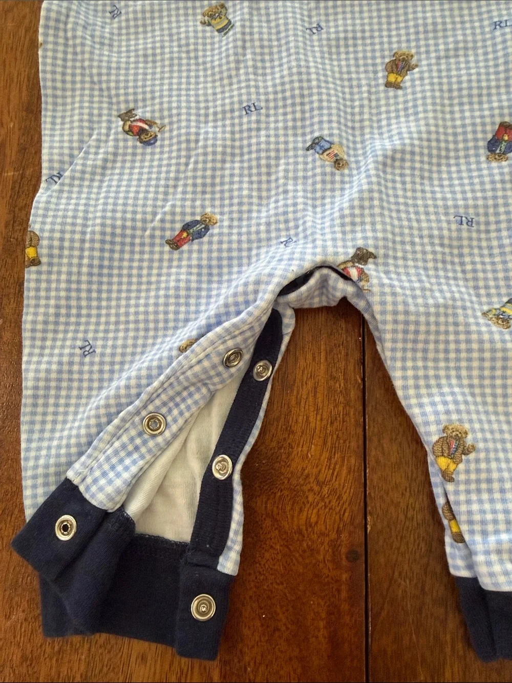Ralph Lauren Boys 6 month Light Blue Gingham Bear & Toy Print Infant Romper